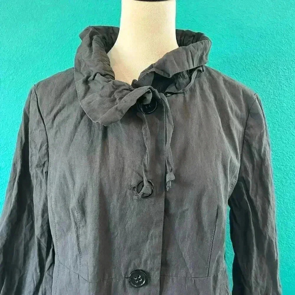 Ann Taylor LOFT Black Womens Gray Trench Coat Button Jacket High Ruffled Neck L - Picture 2 of 5